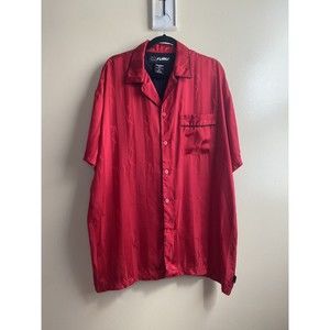 Fubu Mens Red Short Sleeve Button Up Collared 100% Silk Shirt Spell out Sz XL